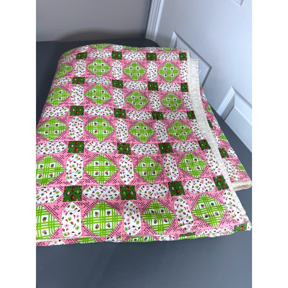 Vintage Handmade Patchwork Quilt Pink Green Floral Plaid Cottagecore Farmhouse